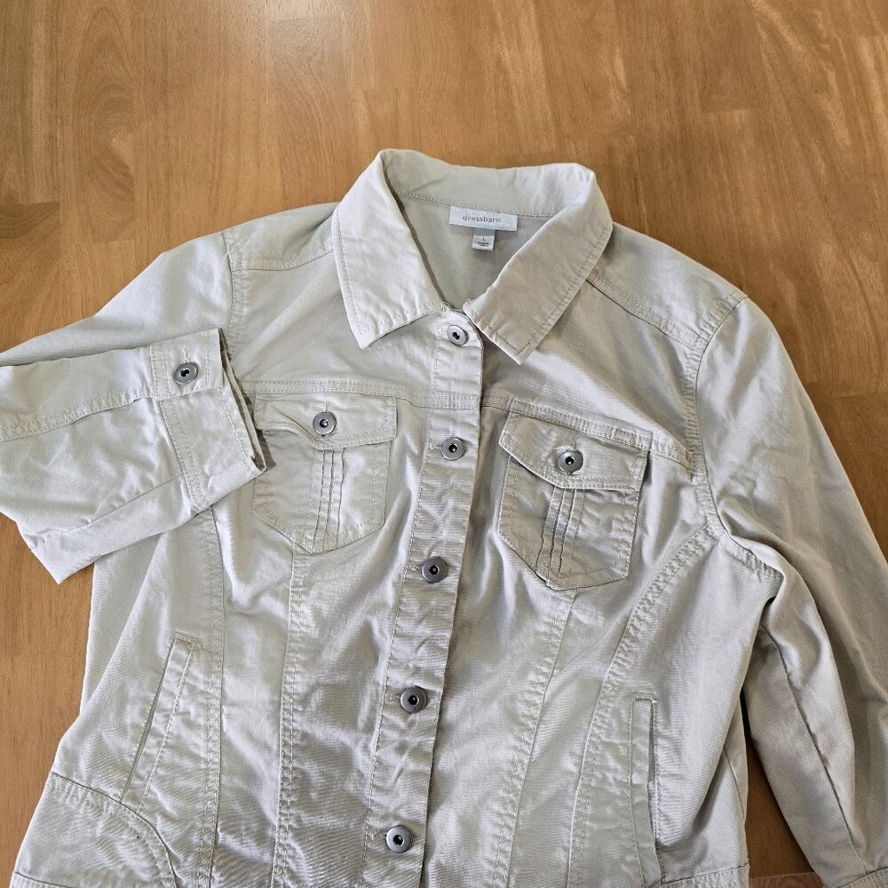 Dress Barn Button Front Casual Jacket 3/4 Length‎ Sleeves Pockets Tan Size Large